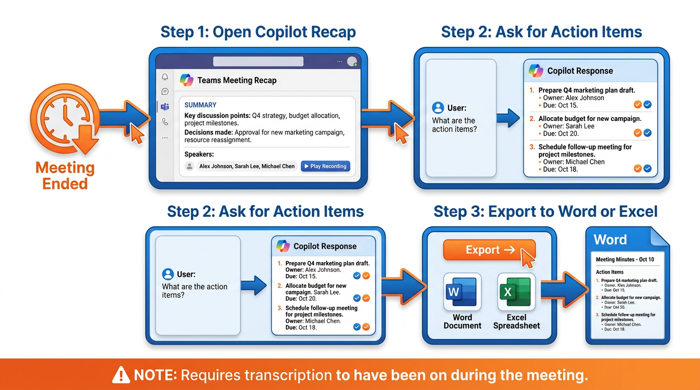 Post-meeting workflow diagram showing three steps from meeting end to action item export — opening the Copilot recap, asking for action items with owners, and exporting responses to Word or Excel