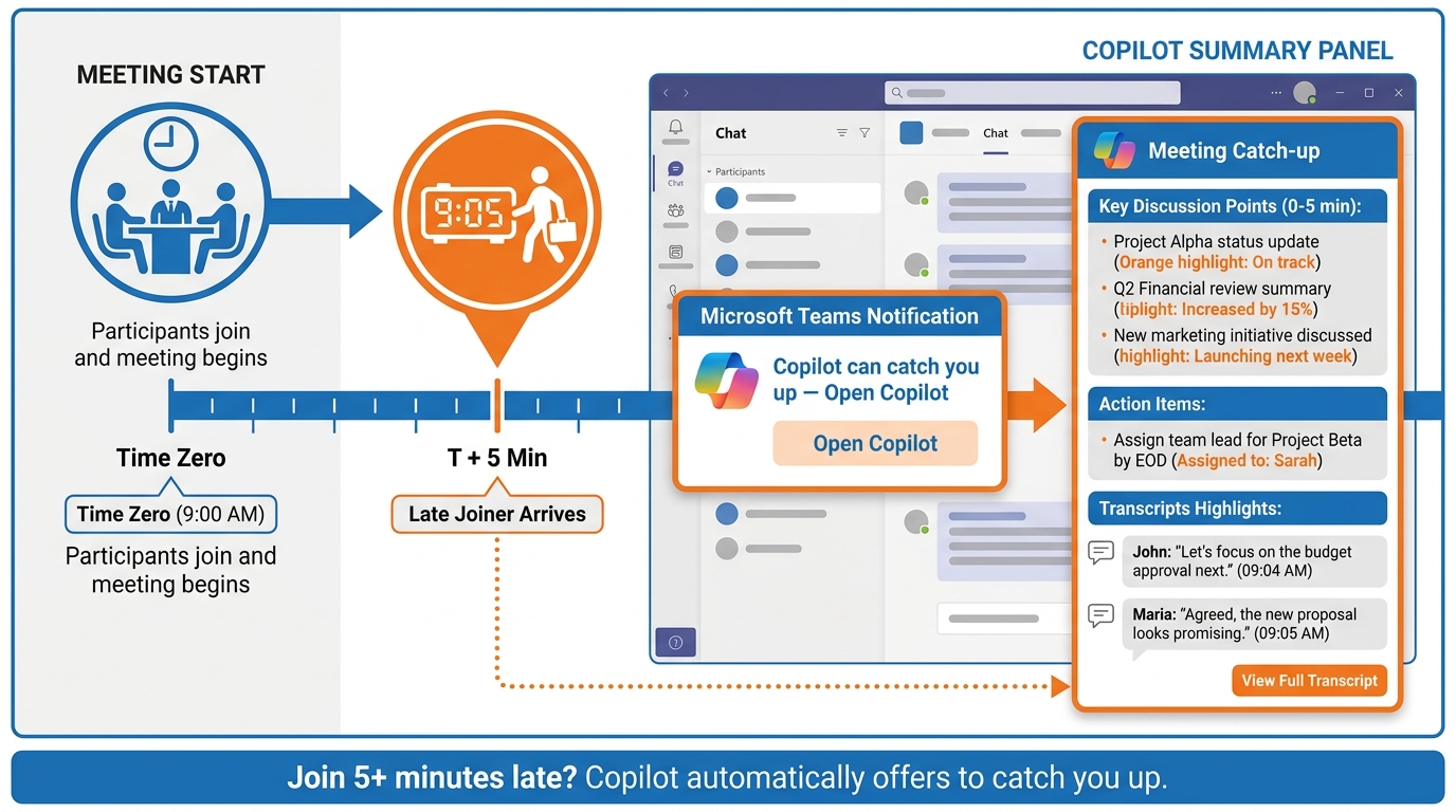 Timeline diagram showing the late-joiner workflow — meeting starts, clock shows 5-minute mark, late joiner arrives and receives Teams notification offering to catch them up, Copilot generates a summary in the right panel