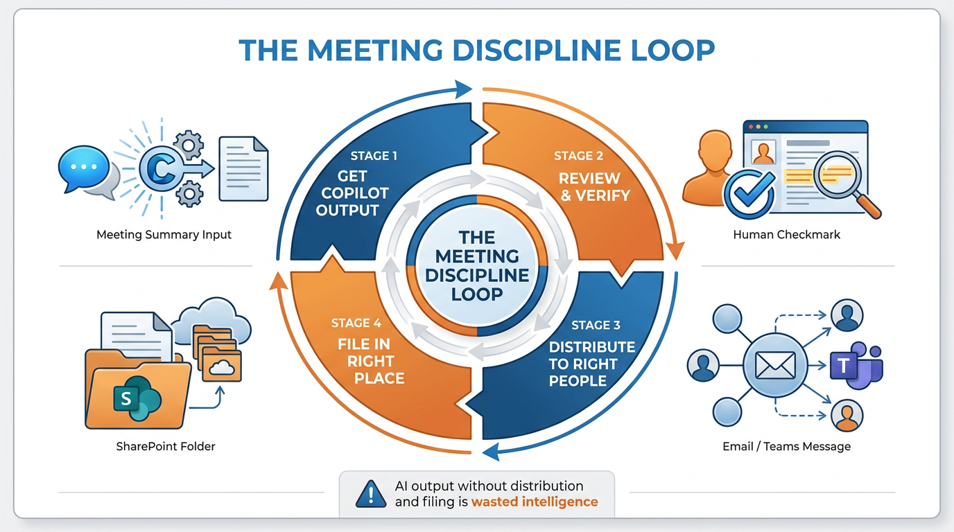 Circular workflow diagram showing the four-stage meeting discipline loop — Get Copilot Output, Review and Verify, Distribute to the Right People, File in the Right Place — with the center label 'The Meeting Discipline Loop'