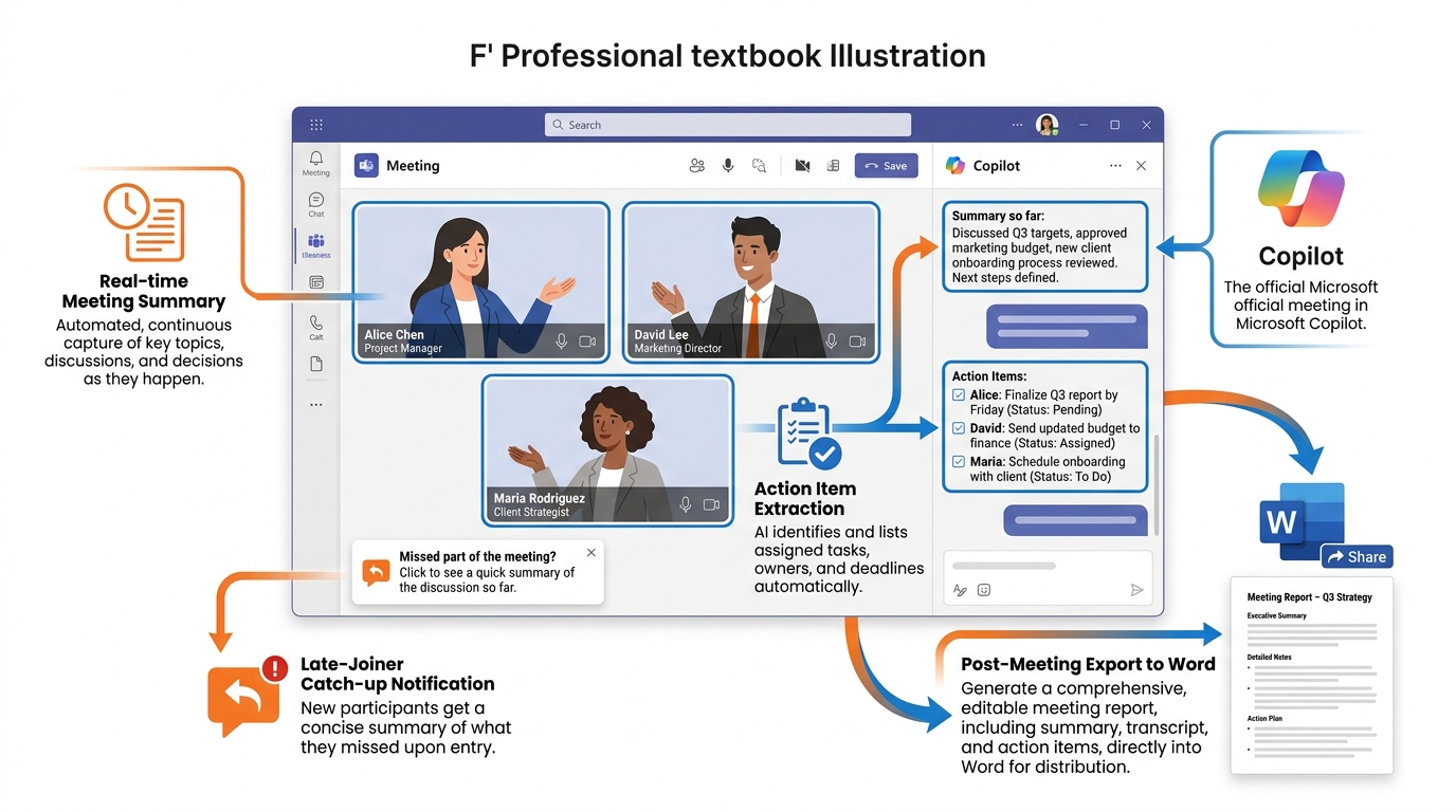 Illustrated explainer infographic summarizing Copilot in Teams meeting intelligence — showing meeting video tiles with Copilot chat panel open, labeled callouts for real-time summaries, action item extraction, late-joiner catch-up notification, and post-meeting export to Word or Excel