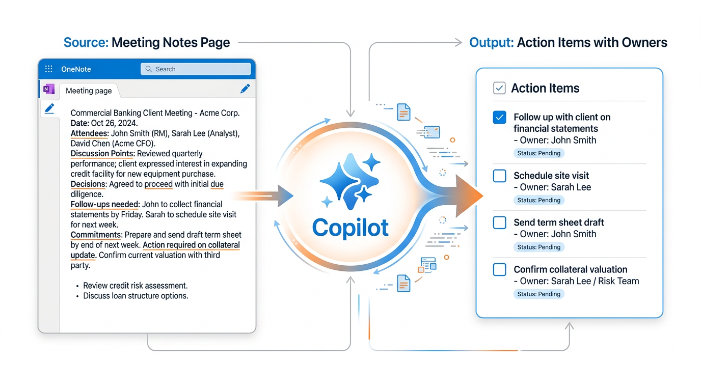 Diagram showing Copilot in OneNote extracting action items from meeting notes — left panel shows a dense OneNote page with client meeting notes containing mentions of follow-ups and commitments, center shows the Copilot sparkle icon with an arrow labeled 'Create Task List', right panel shows a clean checklist with specific action items including 'Follow up with client on financial statements', 'Schedule site visit', 'Send term sheet draft', 'Confirm collateral valuation', with labels showing 'Source: Meeting Notes Page' and 'Output: Action Items with Owners'