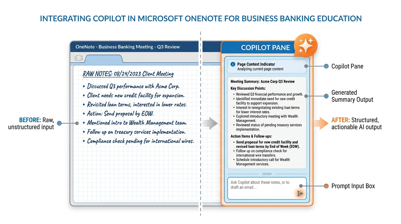 Illustration of the Copilot pane inside Microsoft OneNote — the left side shows a OneNote page with structured meeting notes in bullet form, the right side shows the Copilot sidebar pane with a chat interface, prompt input box at the bottom, and AI-generated summary output above, with labels pointing to the Copilot Pane, Prompt Input Box, Generated Summary Output, and Page Context Indicator