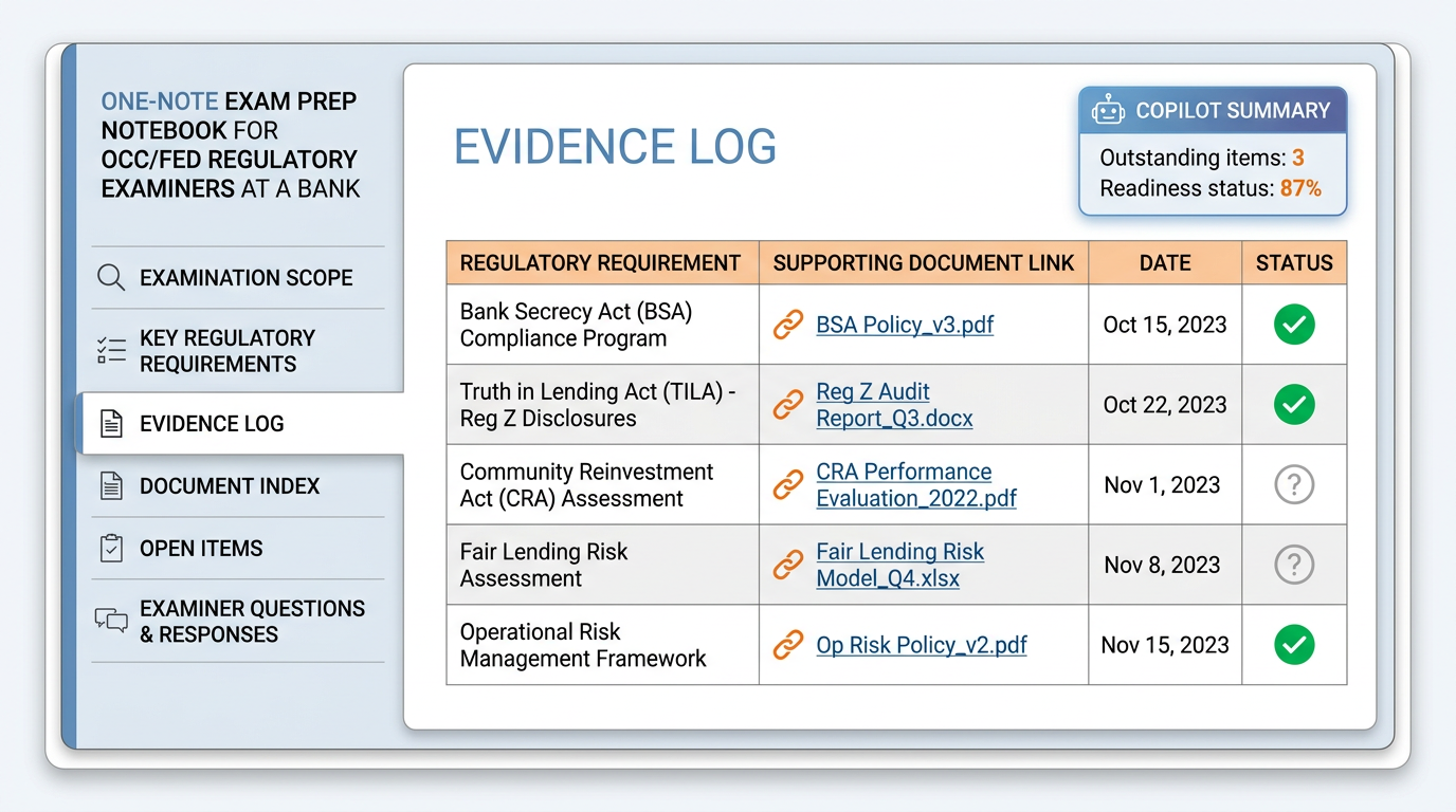 Illustration of a OneNote Exam Prep Notebook for OCC and Fed regulatory examiners at a bank — notebook sidebar shows sections for Examination Scope, Key Regulatory Requirements, Evidence Log, Document Index, Open Items, and Examiner Questions and Responses — main page shows a structured Evidence Log with regulatory requirement, supporting document link, date, and status with green checkmarks, and a Copilot summary showing outstanding items count and readiness status