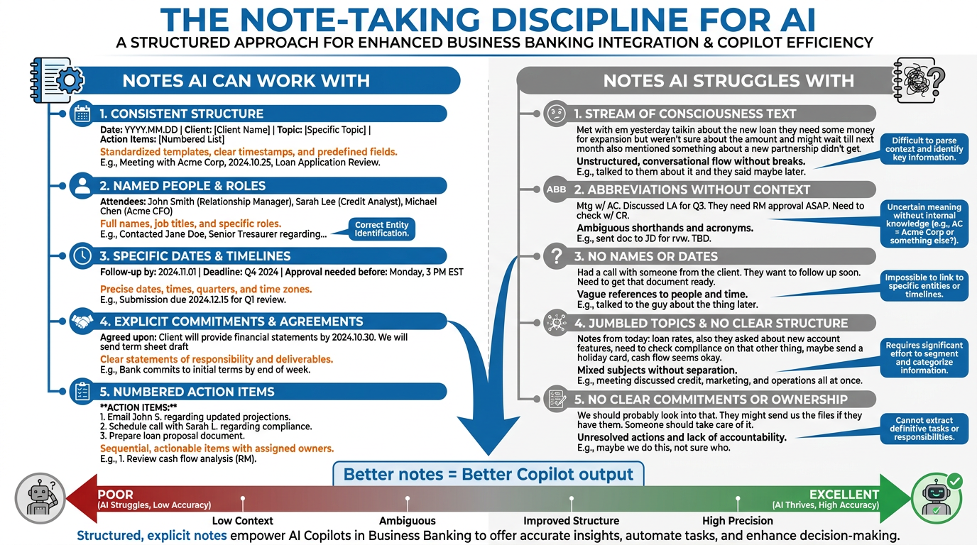Two-column infographic showing 'Notes AI Can Work With' on the left — clear headers, consistent structure, named people, specific dates, explicit commitments, numbered action items — versus 'Notes AI Struggles With' on the right — stream of consciousness text, abbreviations without context, no names or dates, jumbled topics — with a quality spectrum bar at the bottom running from red to green and the caption 'Better notes equal better Copilot output'