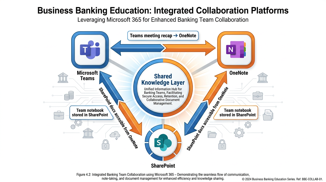 Integration diagram showing OneNote connected to Microsoft Teams and SharePoint — three icons arranged in a triangle with Teams top left, OneNote top right, and SharePoint bottom center, with bidirectional arrows between all three labeled 'Teams meeting recap to OneNote', 'Team notebook stored in SharePoint', and 'SharePoint docs accessible from OneNote', with a central label reading 'Shared Knowledge Layer' and banking team collaboration context
