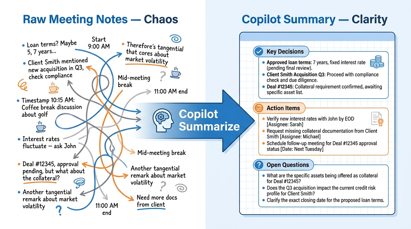 Before/after transformation diagram showing raw meeting notes on the left labeled 'Chaos' — scattered bullets, incomplete sentences, timestamps, tangential remarks — and a clean Copilot-generated summary on the right labeled 'Clarity' with sections for Key Decisions, Action Items, and Open Questions, bridged by a large blue arrow labeled 'Copilot Summarize'
