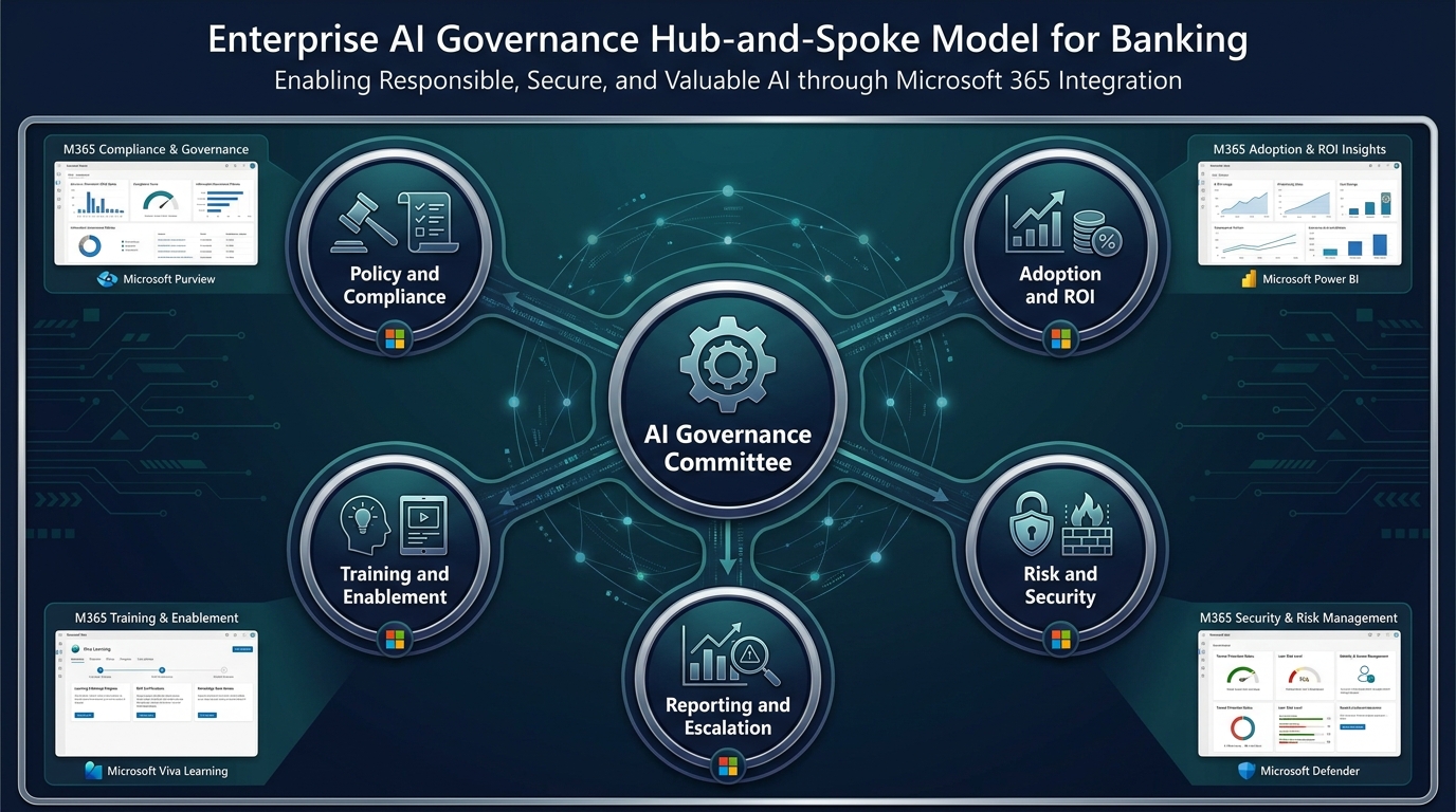 Illustrated governance framework infographic for enterprise Microsoft Copilot deployment. Central hub labeled "AI Governance Committee" connects to five outer rings: Policy & Compliance, Adoption & ROI, Risk & Security, Training & Enablement, and Reporting & Escalation. Microsoft 365 Admin Center dashboard icons appear in the corners. Blue and dark teal color scheme with banking context throughout.