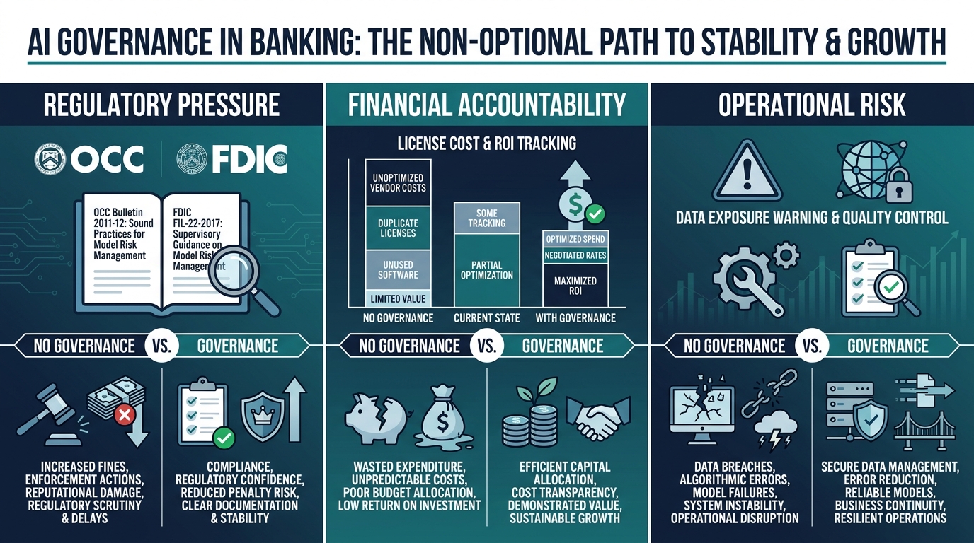 Three-panel infographic illustrating why AI governance is non-optional for banks. Left panel: Regulatory Pressure — icons for OCC, FDIC, model risk guidance. Center panel: Financial Accountability — license cost visualization, ROI tracking requirement. Right panel: Operational Risk — data exposure, quality control, employee readiness. Each panel shows the consequence of absence versus the benefit of governance structure. Blue and dark teal, banking context.
